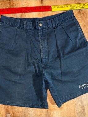 Vtg Shorts Sz 34 High Rise Pleated Navy Cotton Blue “America Crew” Promo Pockets